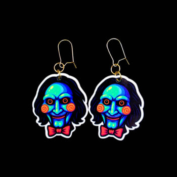 Neon Puppet Earrings. These earrings are made with acrylic and hand heat pressed. Comes with 18k plated gold hooks that is nickel free. Easily put loop through ear and hook back so the earring doesn’t fall out.