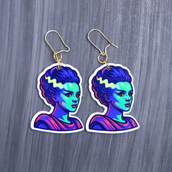 Neon Bride Earrings. These earrings are made with acrylic and hand heat pressed. Comes with 18k plated gold hooks that is nickel free. Easily put loop through ear and hook back so the earring doesn’t fall out.