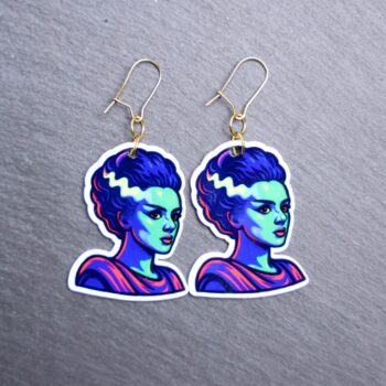 Neon Bride Earrings. These earrings are made with acrylic and hand heat pressed. Comes with 18k plated gold hooks that is nickel free. Easily put loop through ear and hook back so the earring doesn’t fall out.