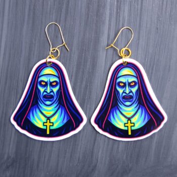 Neon Nun Earrings. These earrings are made with acrylic and hand heat pressed. Comes with 18k plated gold hooks that is nickel free. Easily put loop through ear and hook back so the earring doesn’t fall out.