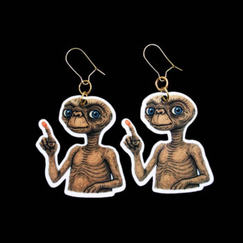 Phone Home Alien Earrings. These earrings are made with acrylic and hand heat pressed. Comes with 18k plated gold hooks that is nickel free. Easily put loop through ear and hook back so the earring doesn’t fall out.