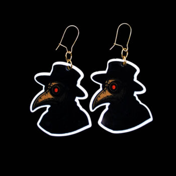 Plague Doctor Earrings. These earrings are made with acrylic and hand heat pressed. Comes with 18k plated gold hooks that is nickel free. Easily put loop through ear and hook back so the earring doesn’t fall out.