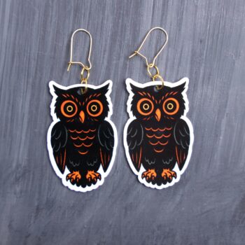 Vintage Owl Earrings. These earrings are made with acrylic and hand heat pressed. Comes with 18k plated gold hooks that is nickel free. Easily put loop through ear and hook back so the earring doesn’t fall out.