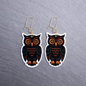 Vintage Owl Earrings. These earrings are made with acrylic and hand heat pressed. Comes with 18k plated gold hooks that is nickel free. Easily put loop through ear and hook back so the earring doesn’t fall out.
