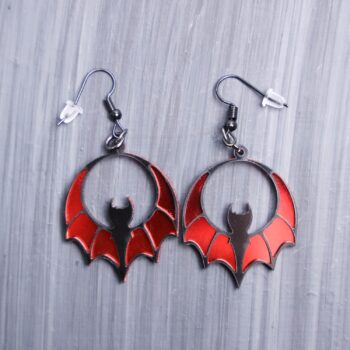 Bat Mirror Red Earrings. These earrings are made with black and red mirror acrylic. Comes with black hooks that is nickel free.