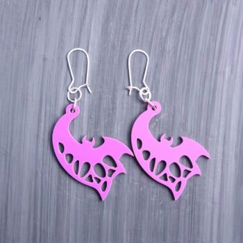 Bat Sideways Purple Earrings. These earrings are made with purple acrylic. Comes with sliver hooks that is nickel free.