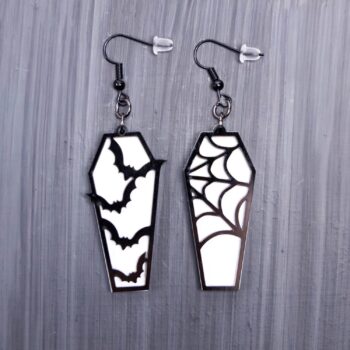 Bat Spider Coffin White Earrings. These earrings are made with white and black acrylic. Comes with black hooks that is nickel free.