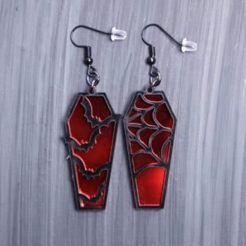 Bat Spider Mirror Red Coffin Earrings. These earrings are made with black and mirror red acrylic. Comes with black hooks that is nickel free.
