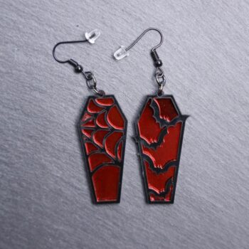 Bat Spider Mirror Red Coffin Earrings. These earrings are made with black and mirror red acrylic. Comes with black hooks that is nickel free.