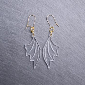 Bat Wings Clear Earrings. These earrings are made with clear acrylic. Comes with gold hooks that is nickel free.