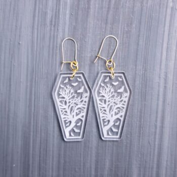 Coffin Clear Earrings. These earrings are made with clear acrylic. Comes with gold hooks that is nickel free.