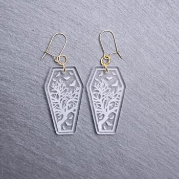 Coffin Clear Earrings. These earrings are made with clear acrylic. Comes with gold hooks that is nickel free.