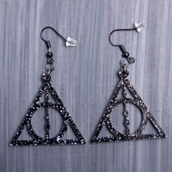 Deathly Hallows Earrings. These earrings are made with glitter black acrylic. Comes with black hooks that is nickel free.