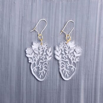 Floral Anatomical Heart Earrings. These earrings are made with clear acrylic. Comes with gold hooks that is nickel free.