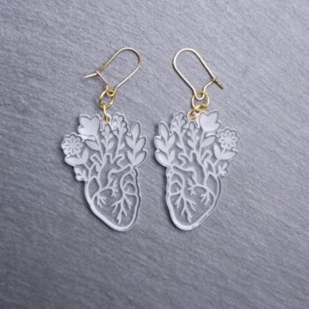 Floral Anatomical Heart Earrings. These earrings are made with clear acrylic. Comes with gold hooks that is nickel free.