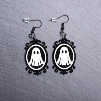 Ghost Frame Earrings. These earrings are made with white and black acrylic. Comes with black hooks that is nickel free.