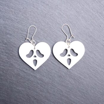 Ghostface Heart Earrings. These earrings are made with white acrylic. Comes with silver hooks that is nickel free.