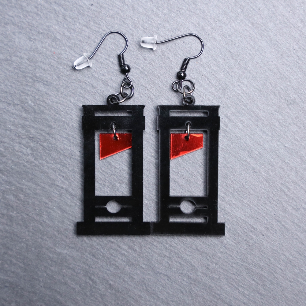 Guillotine Black Red Earrings. These earrings are made with red and black acrylic. Comes with black hooks that is nickel free.