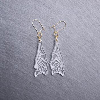 Hanging Bat Clear Earrings. These earrings are made with clear acrylic. Comes with gold hooks that is nickel free.