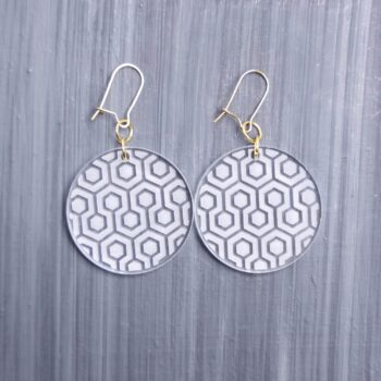 Kubrick Shining Clear Earrings. These earrings are made with clear acrylic. Comes with gold hooks that is nickel free.