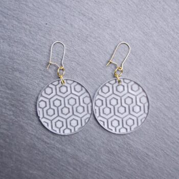 Kubrick Shining Clear Earrings. These earrings are made with clear acrylic. Comes with gold hooks that is nickel free.