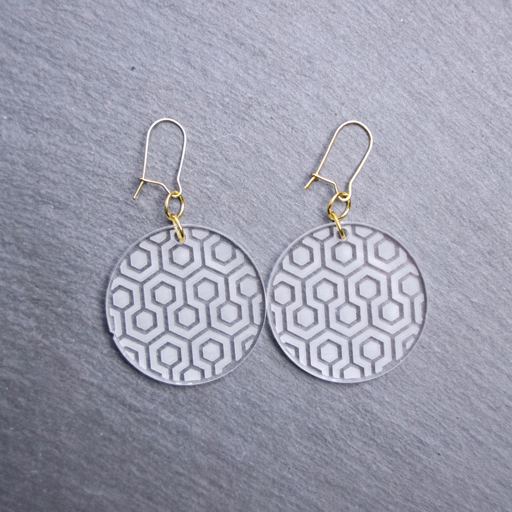 Kubrick Shining Clear Earrings. These earrings are made with clear acrylic. Comes with gold hooks that is nickel free.