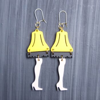 Leg Lamp Earrings. These earrings are made with yellow, black, and french acrylic. Comes with gold hooks that is nickel free.