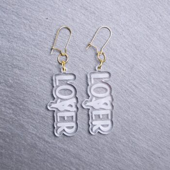 Loser Lover Clear Earrings. These earrings are made with clear acrylic. Comes with gold hooks that is nickel free.