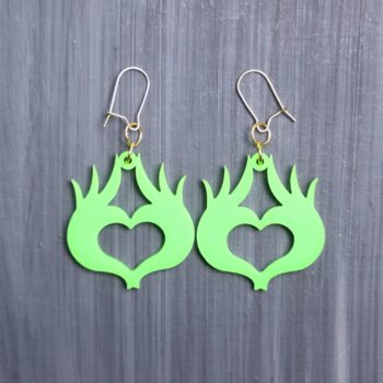 Mean One Heart Earrings. These earrings are made with green acrylic. Comes with gold hooks that is nickel free.