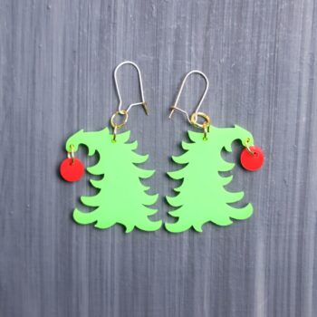 Mean One Tree Earrings. These earrings are made with red and green acrylic. Comes with gold hooks that is nickel free.