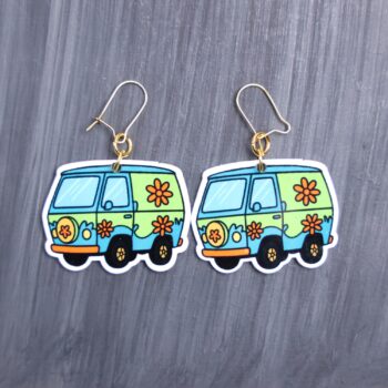 Mystery Van Earrings. These earrings are made with acrylic and hand heat pressed. Comes with 18k plated gold hooks that is nickel free. Easily put loop through ear and hook back so the earring doesn’t fall out.