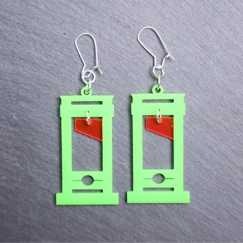 Neon Guillotine Earrings. These earrings are made with pink transparent and green acrylic. Comes with silver hooks that is nickel free.