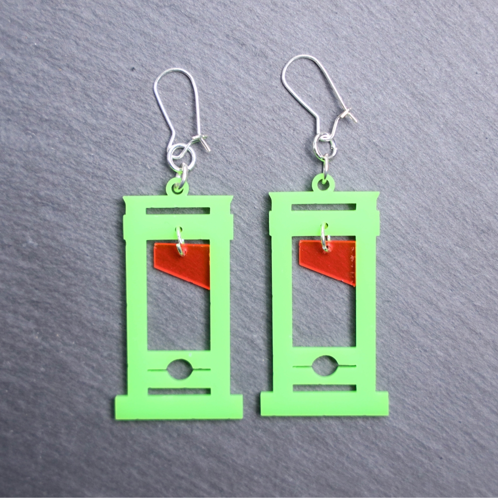 Neon Guillotine Earrings. These earrings are made with pink transparent and green acrylic. Comes with silver hooks that is nickel free.