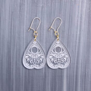 Planchette Clear Earrings. These earrings are made with clear acrylic. Comes with gold hooks that is nickel free.
