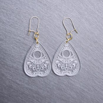 Planchette Clear Earrings. These earrings are made with clear acrylic. Comes with gold hooks that is nickel free.