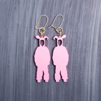 Ralphie Pink Bunny Earrings. These earrings are made with pink acrylic. Comes with gold hooks that is nickel free.