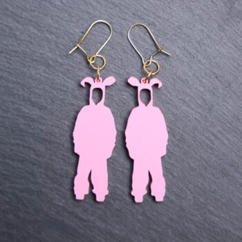 Ralphie Pink Bunny Earrings. These earrings are made with pink acrylic. Comes with gold hooks that is nickel free.
