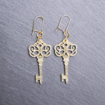 Skeleton Key Earrings. These earrings are made with gold glitter acrylic. Comes with gold hooks that is nickel free.