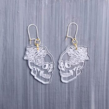 Skull Roses Clear Earrings. These earrings are made with clear acrylic. Comes with gold hooks that is nickel free.
