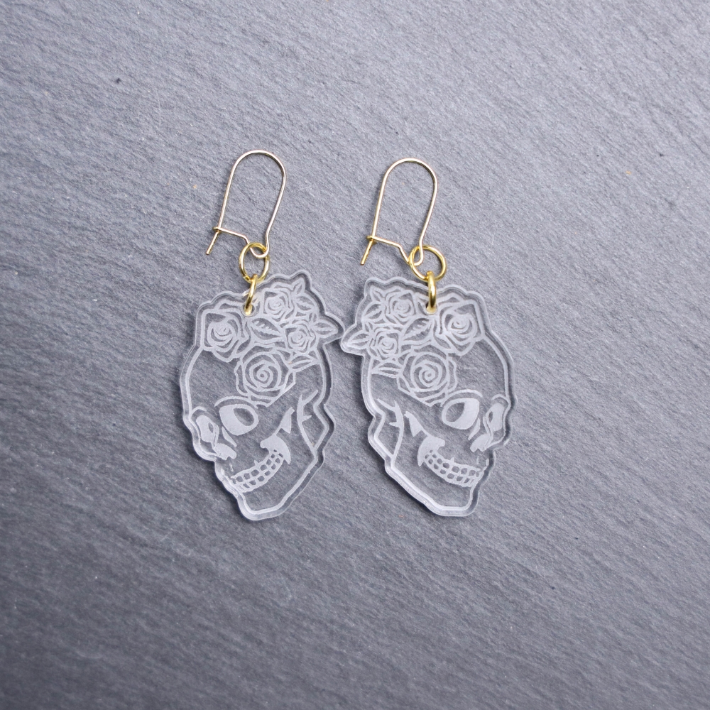 Skull Roses Clear Earrings. These earrings are made with clear acrylic. Comes with gold hooks that is nickel free.