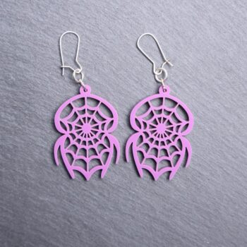 Spider Catcher Purple Earrings. These earrings are made with purple acrylic. Comes with silver hooks that is nickel free.