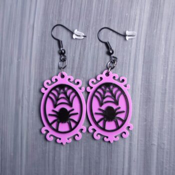 Spider Frame Earrings. These earrings are made with purple and black acrylic. Comes with black hooks that is nickel free.