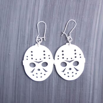 Voorhees Mask Earrings. These earrings are made with white acrylic. Comes with silver hooks that is nickel free.