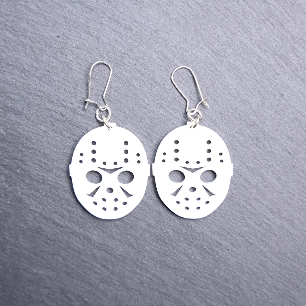 Voorhees Mask Earrings. These earrings are made with white acrylic. Comes with silver hooks that is nickel free.