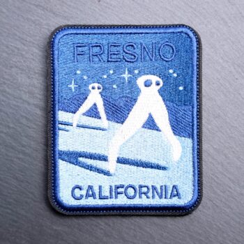 Fresno California Night Crawler Patch with white night crawlers and blue background. Beautifully embroidered design with an Velcro backing with flat back to easily glue with e6000 glue to your favorite bag or article of clothing.