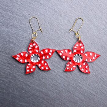 Demogorgon Earrings. These earrings are made with red pearl and white acrylic. Comes with gold hooks that is nickel free.