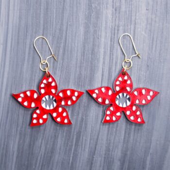 Demogorgon Earrings. These earrings are made with red pearl and white acrylic. Comes with gold hooks that is nickel free.