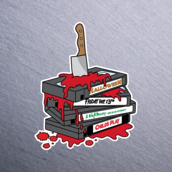 Bloody VHS Sticker. These stickers are made with printable vinyl with a vinyl top coat that is scratch-resistant and water resistant.