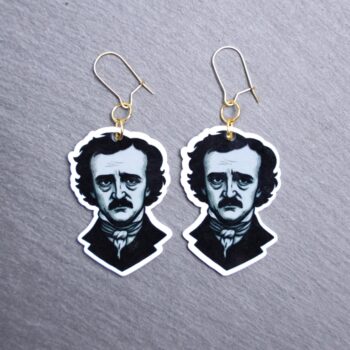 Edgar Allan Poe Earrings. These earrings are made with acrylic and hand heat pressed. Comes with 18k plated gold hooks that is nickel free. Easily put loop through ear and hook back so the earring doesn’t fall out.