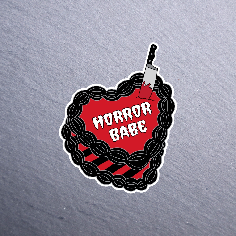 Horror Babe Cake Sticker. These stickers are made with printable vinyl with a vinyl top coat that is scratch-resistant and water resistant.